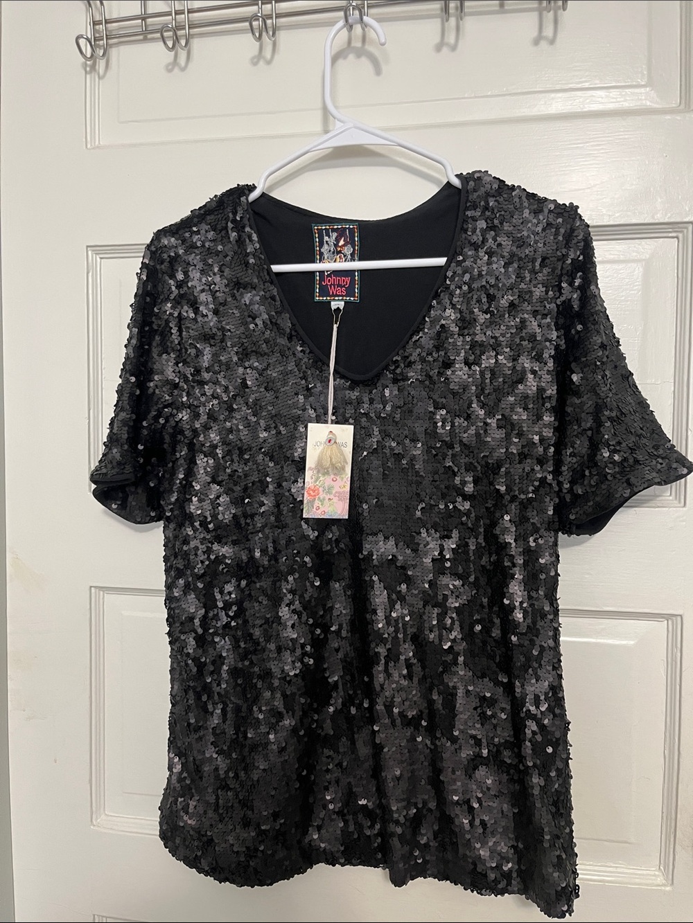 Johnny Was Black Sequin V-Neck Short Sleeve Top